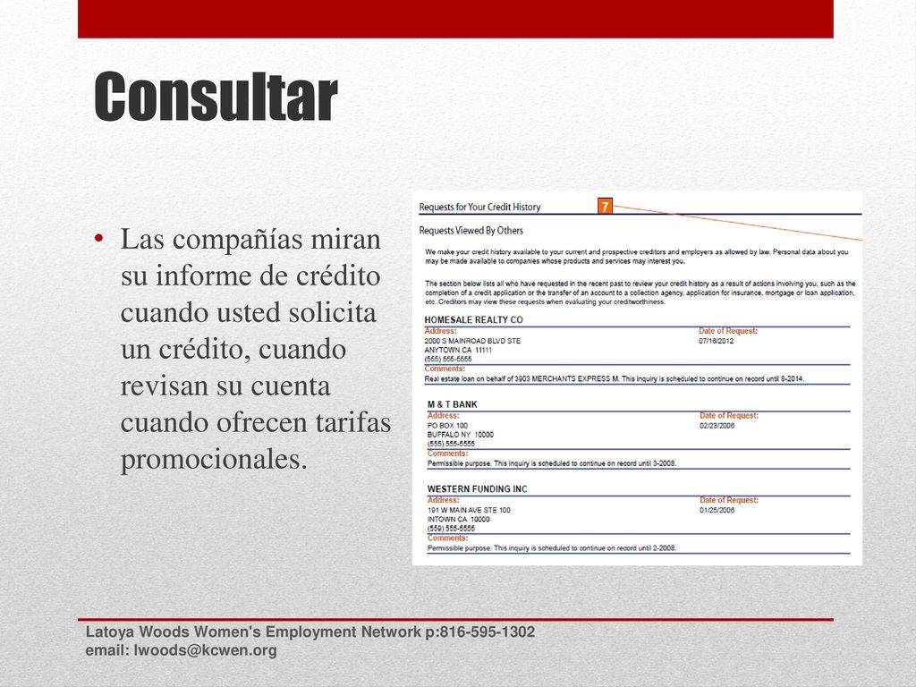 Consultar Las compañías miran su informe de crédito cuando usted solicita un crédito, cuando revisan su cuenta cuando ofrecen tarifas promocionales.