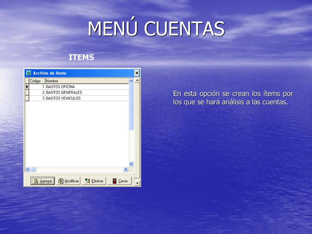 MENÚ CUENTAS ITEMS En esta opción se crean los ítems por los que se hará análisis a las cuentas.