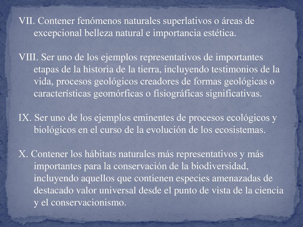 VII. Contener fenómenos naturales superlativos o áreas de excepcional belleza natural e importancia estética.