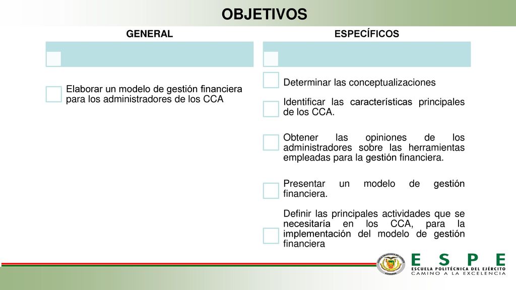GENERAL Elaborar un modelo de gestión financiera para los administradores de los CCA. ESPECÍFICOS.