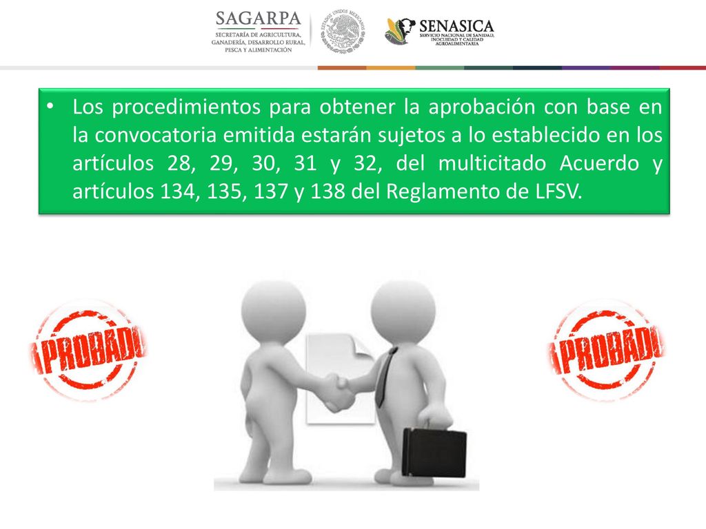 Los procedimientos para obtener la aprobación con base en la convocatoria emitida estarán sujetos a lo establecido en los artículos 28, 29, 30, 31 y 32, del multicitado Acuerdo y artículos 134, 135, 137 y 138 del Reglamento de LFSV.