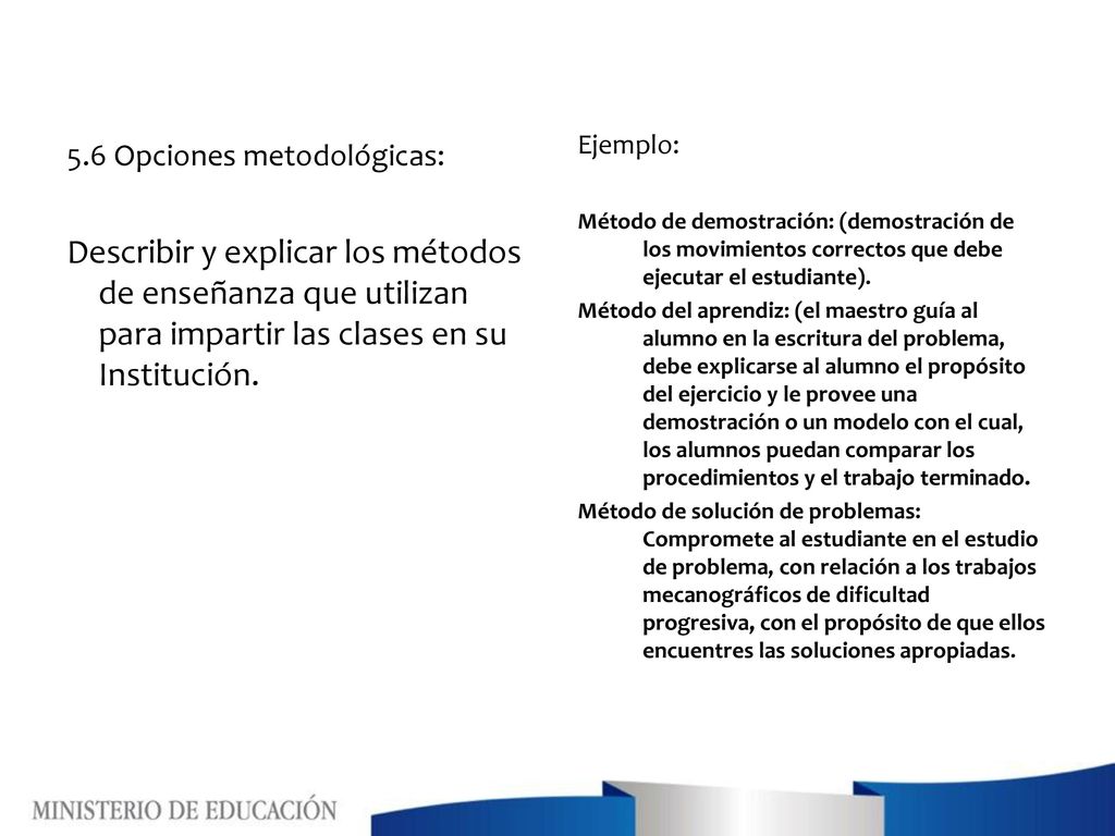 Ejemplo: Método de demostración: (demostración de los movimientos correctos que debe ejecutar el estudiante).