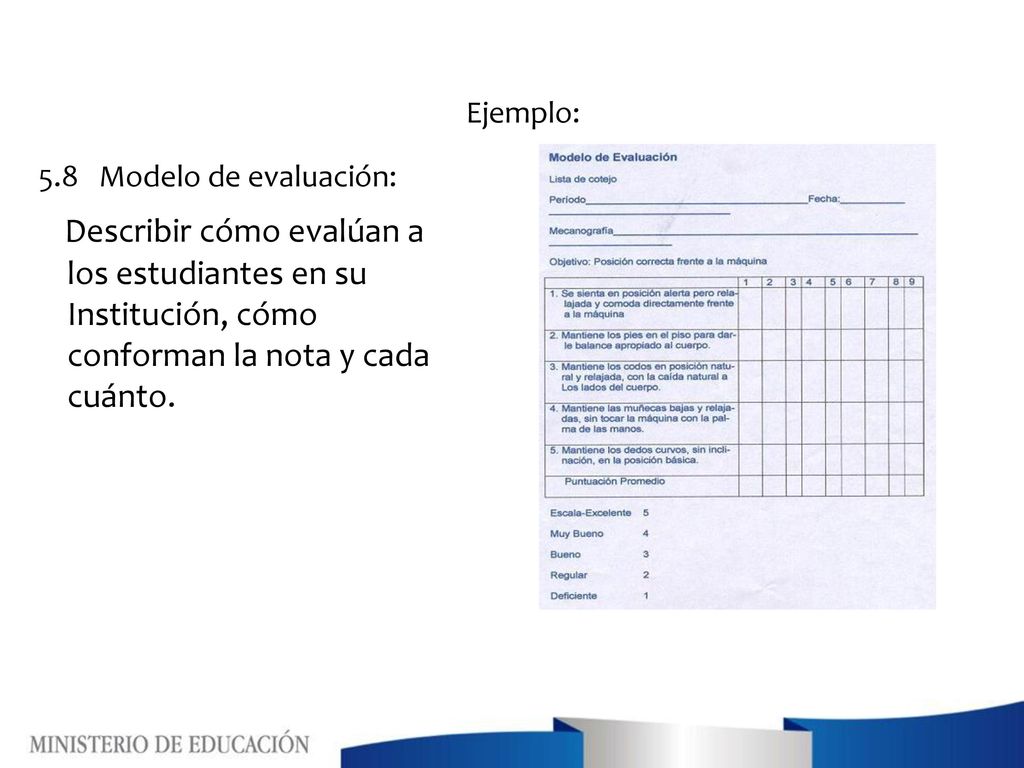Ejemplo: 5.8 Modelo de evaluación: Describir cómo evalúan a los estudiantes en su Institución, cómo conforman la nota y cada cuánto.