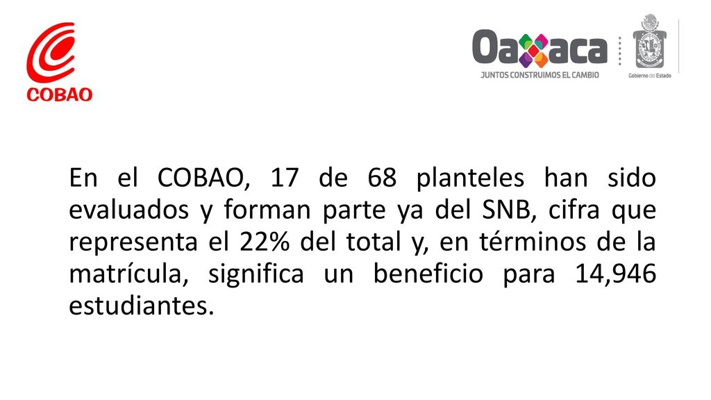 En el COBAO, 17 de 68 planteles han sido evaluados y forman parte ya del SNB, cifra que representa el 22% del total y, en términos de la matrícula, significa un beneficio para 14,946 estudiantes.