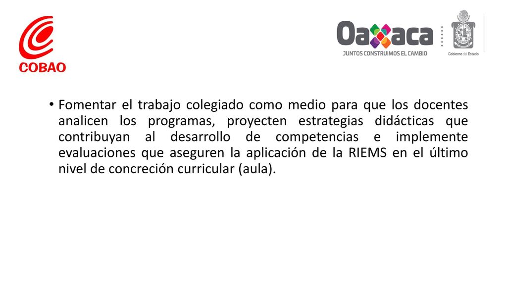 Fomentar el trabajo colegiado como medio para que los docentes analicen los programas, proyecten estrategias didácticas que contribuyan al desarrollo de competencias e implemente evaluaciones que aseguren la aplicación de la RIEMS en el último nivel de concreción curricular (aula).
