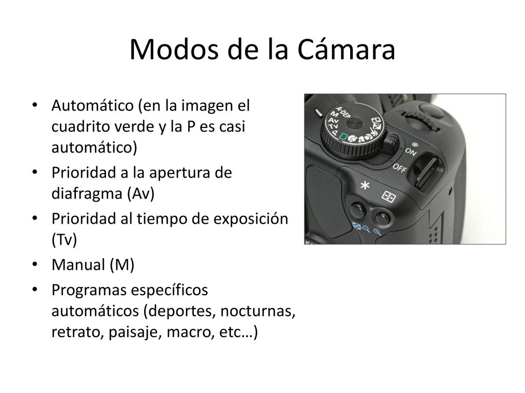 Modos de la Cámara Automático (en la imagen el cuadrito verde y la P es casi automático) Prioridad a la apertura de diafragma (Av)