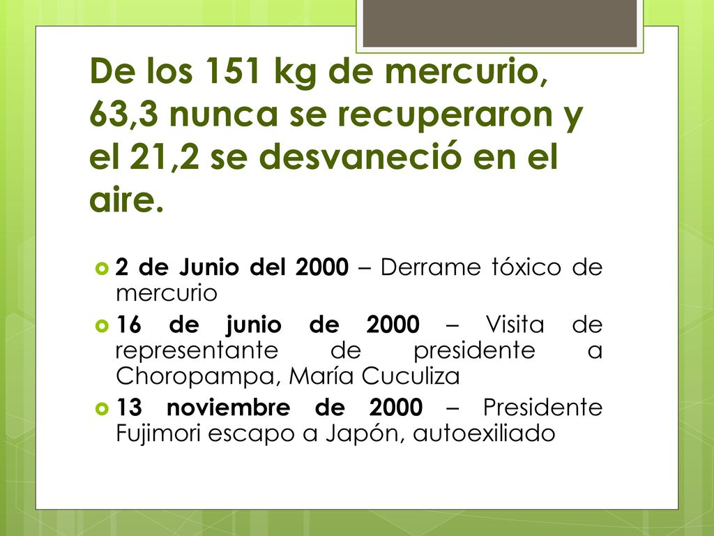 De los 151 kg de mercurio, 63,3 nunca se recuperaron y el 21,2 se desvaneció en el aire.