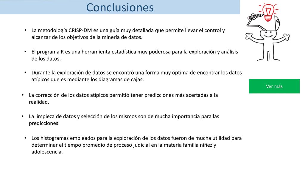 Conclusiones La metodología CRISP-DM es una guía muy detallada que permite llevar el control y alcanzar de los objetivos de la minería de datos.