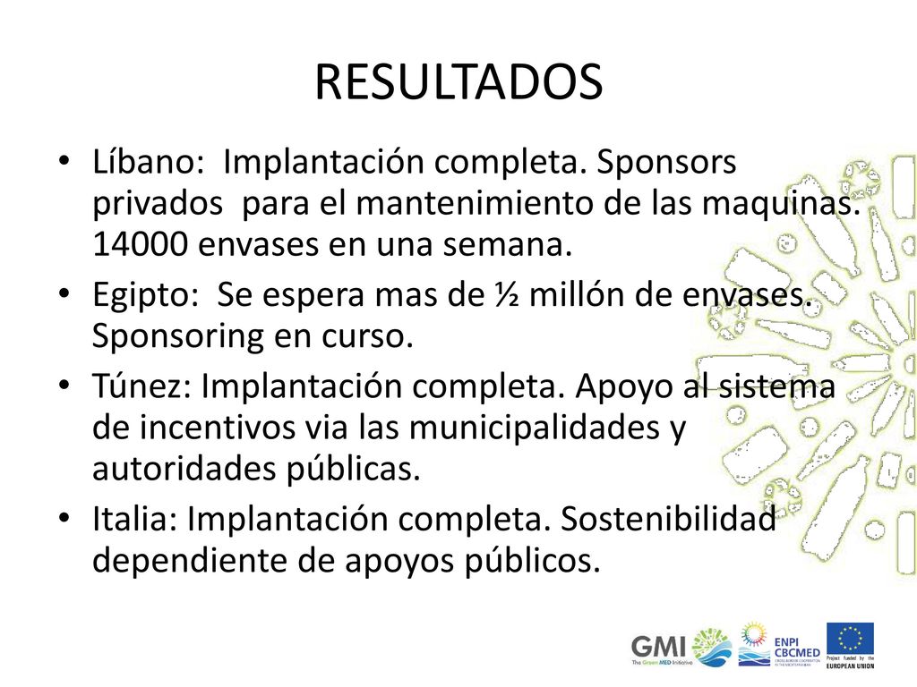 RESULTADOS Líbano: Implantación completa. Sponsors privados para el mantenimiento de las maquinas envases en una semana.