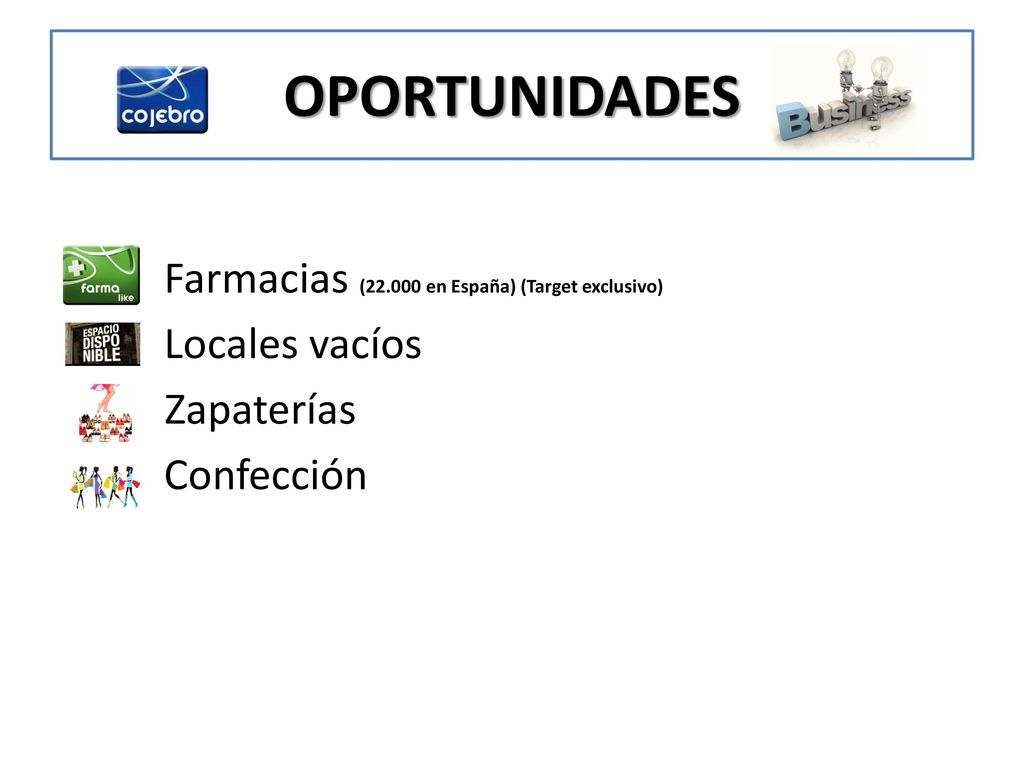 OPORTUNIDADES Farmacias ( en España) (Target exclusivo) Locales vacíos Zapaterías Confección