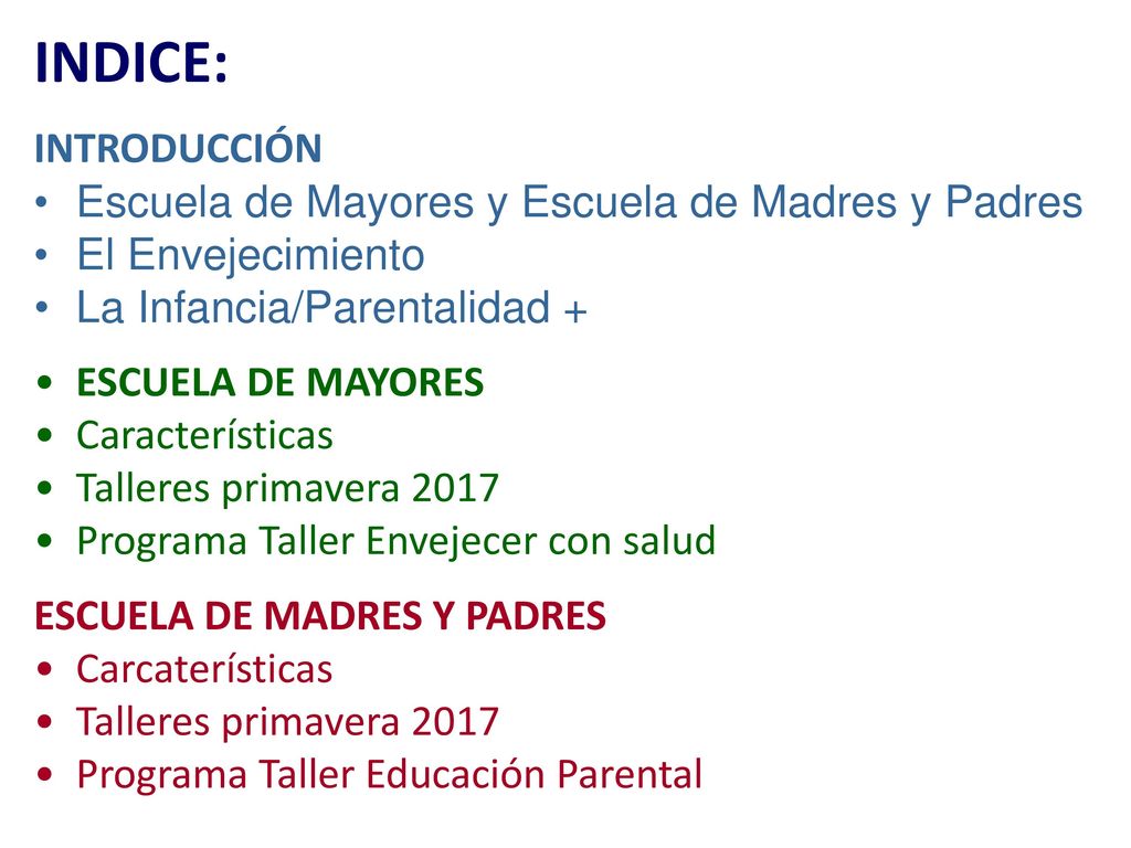 INDICE: INTRODUCCIÓN Escuela de Mayores y Escuela de Madres y Padres