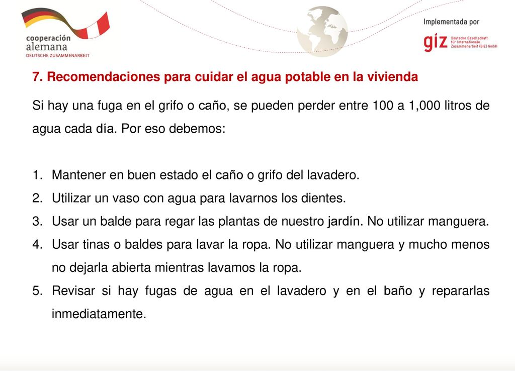 7. Recomendaciones para cuidar el agua potable en la vivienda