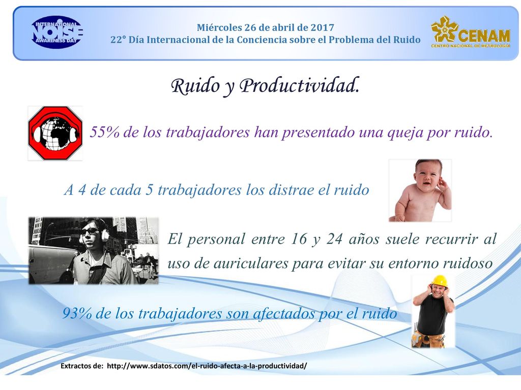 Ruido y Productividad. 55% de los trabajadores han presentado una queja por ruido. A 4 de cada 5 trabajadores los distrae el ruido.