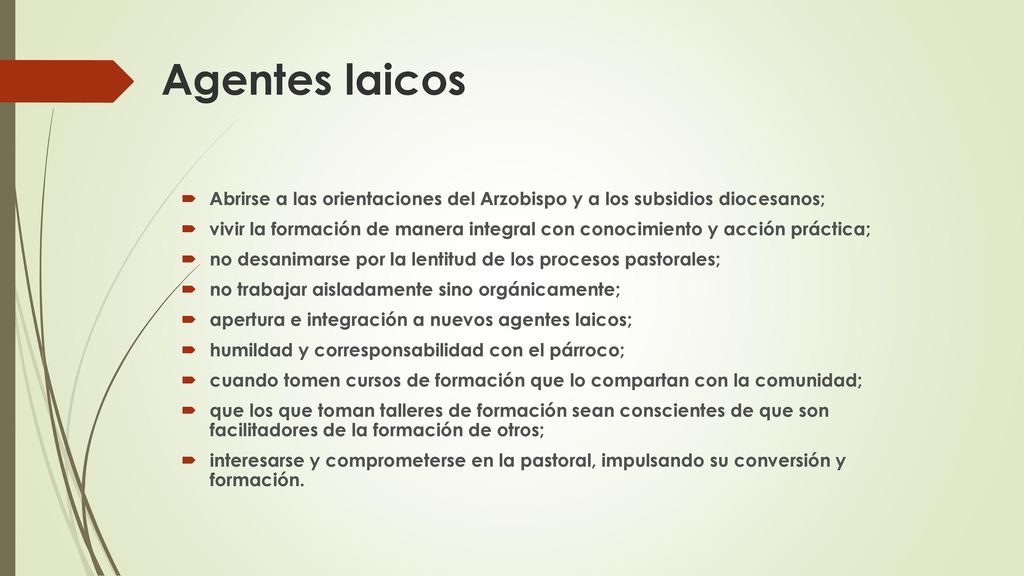 Agentes laicos Abrirse a las orientaciones del Arzobispo y a los subsidios diocesanos;