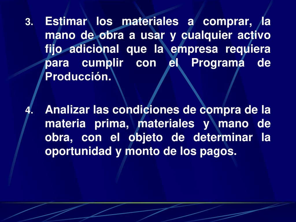 Estimar los materiales a comprar, la mano de obra a usar y cualquier activo fijo adicional que la empresa requiera para cumplir con el Programa de Producción.