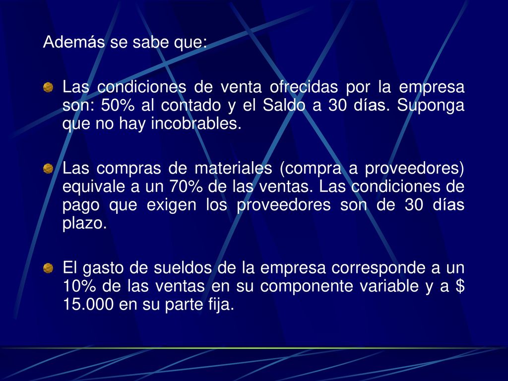 Además se sabe que: Las condiciones de venta ofrecidas por la empresa son: 50% al contado y el Saldo a 30 días. Suponga que no hay incobrables.