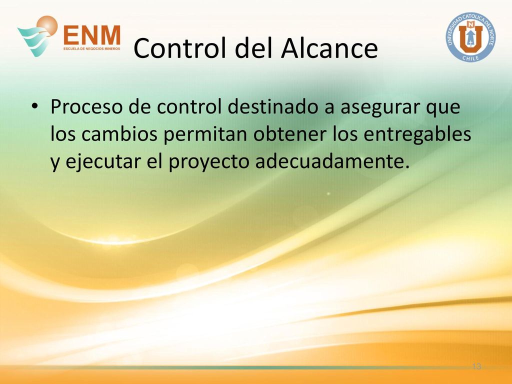 Control del Alcance Proceso de control destinado a asegurar que los cambios permitan obtener los entregables y ejecutar el proyecto adecuadamente.