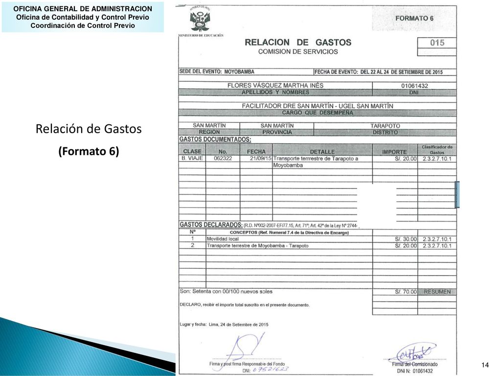 Relación de Gastos (Formato 6) OFICINA GENERAL DE ADMINISTRACION