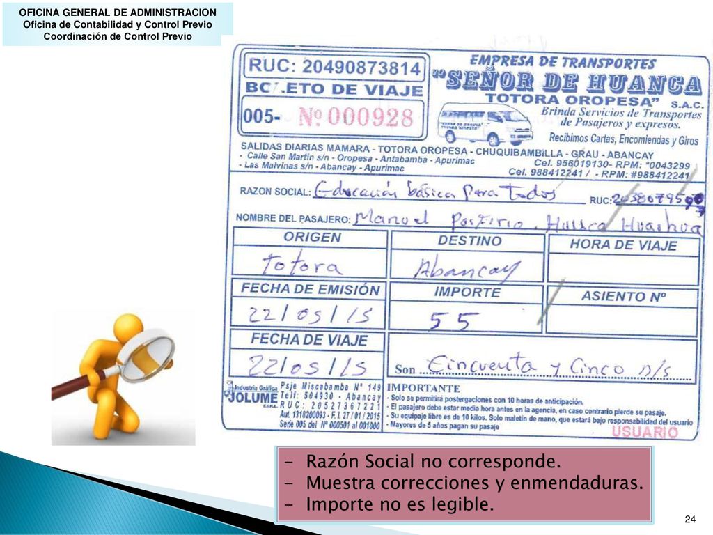 Razón Social no corresponde. Muestra correcciones y enmendaduras.