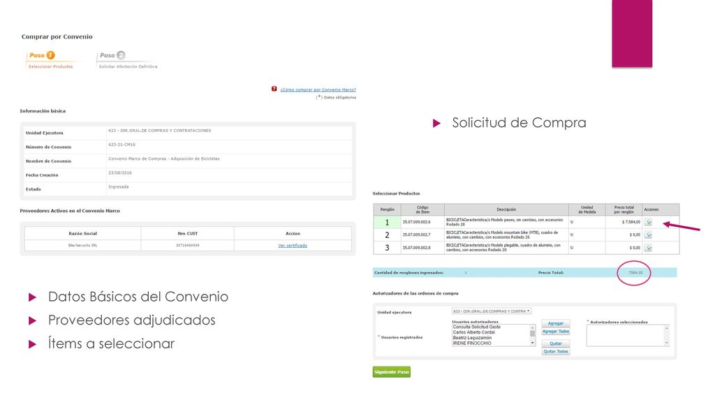 Solicitud de Compra Datos Básicos del Convenio Proveedores adjudicados Ítems a seleccionar