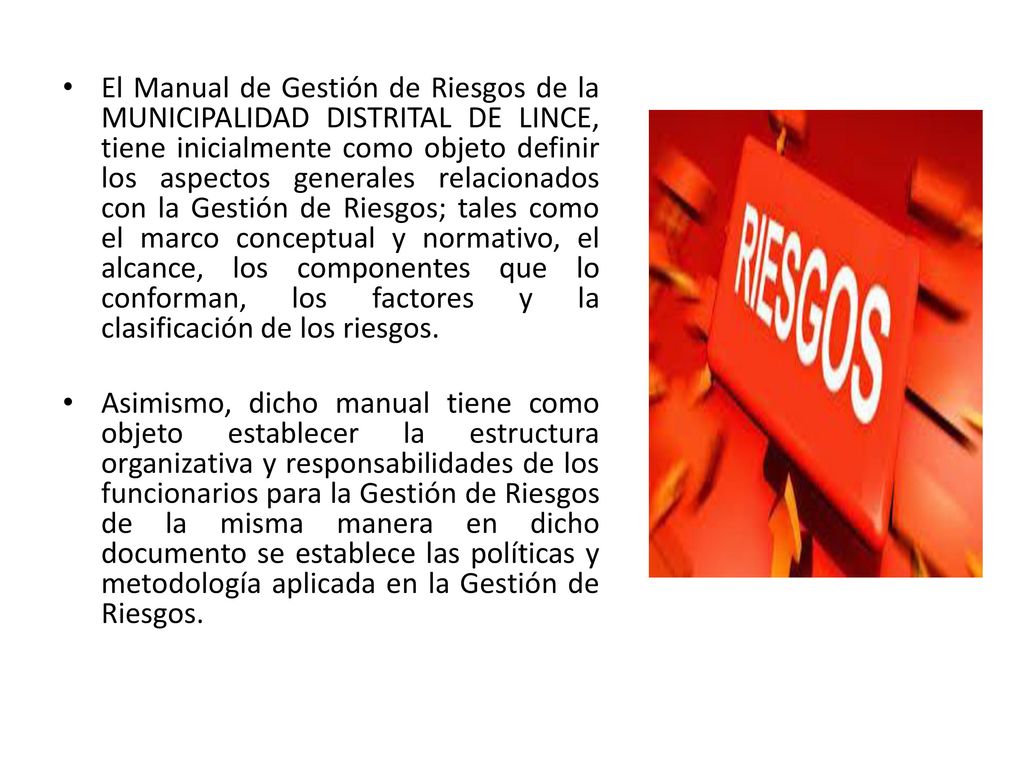 El Manual de Gestión de Riesgos de la MUNICIPALIDAD DISTRITAL DE LINCE, tiene inicialmente como objeto definir los aspectos generales relacionados con la Gestión de Riesgos; tales como el marco conceptual y normativo, el alcance, los componentes que lo conforman, los factores y la clasificación de los riesgos.