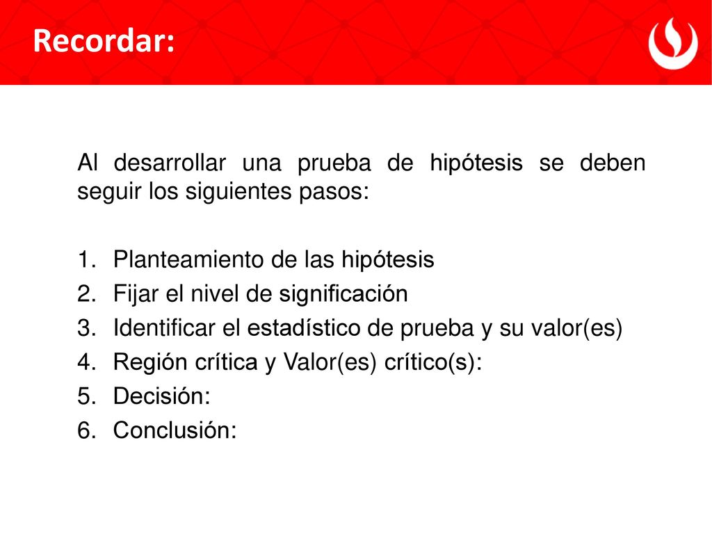 Recordar: Al desarrollar una prueba de hipótesis se deben seguir los siguientes pasos: Planteamiento de las hipótesis.