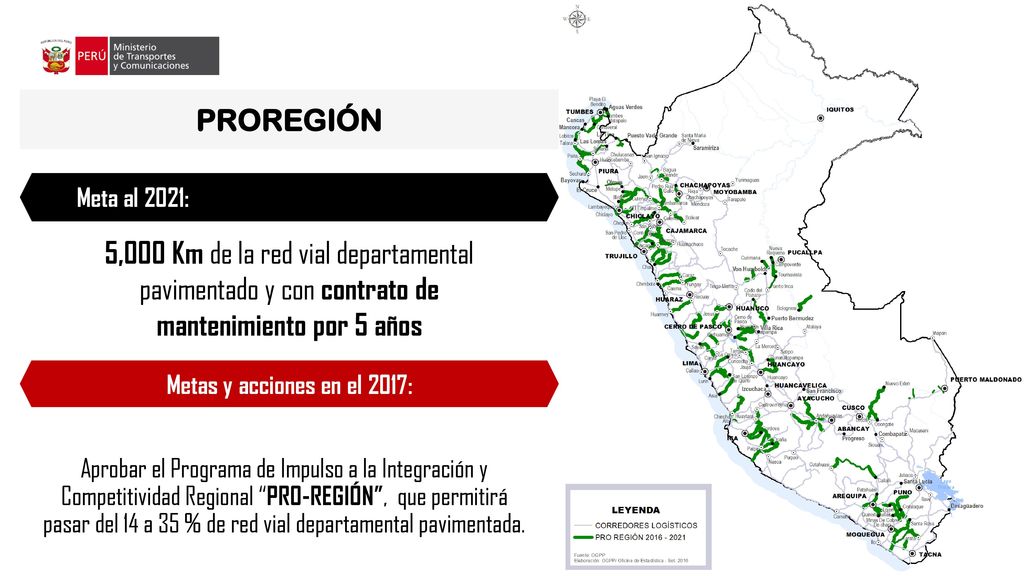 PROREGIÓN Meta al 2021: 5,000 Km de la red vial departamental pavimentado y con contrato de mantenimiento por 5 años.