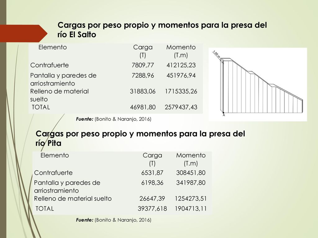 Cargas por peso propio y momentos para la presa del río El Salto