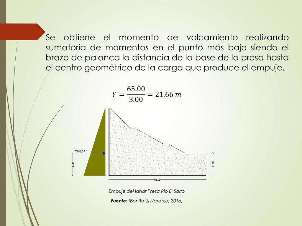 Se obtiene el momento de volcamiento realizando sumatoria de momentos en el punto más bajo siendo el brazo de palanca la distancia de la base de la presa hasta el centro geométrico de la carga que produce el empuje.