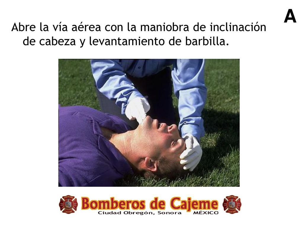 A Abre la vía aérea con la maniobra de inclinación de cabeza y levantamiento de barbilla.
