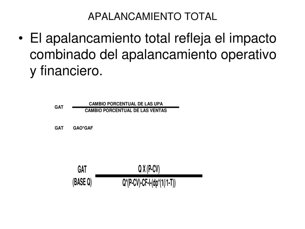 APALANCAMIENTO TOTAL El apalancamiento total refleja el impacto combinado del apalancamiento operativo y financiero.