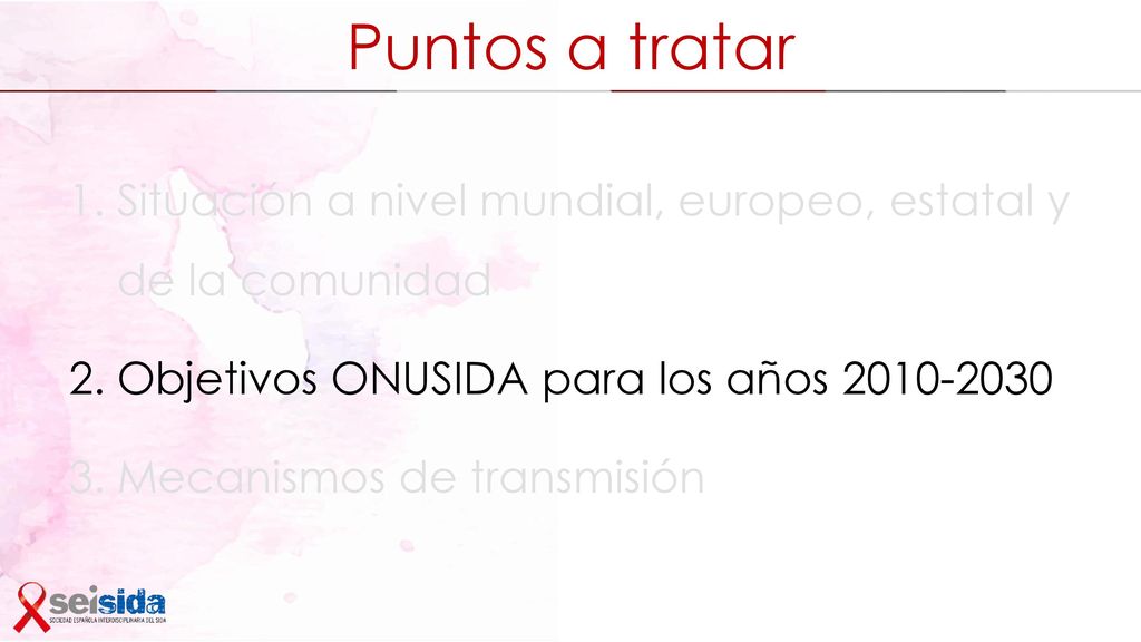 Puntos a tratar Situación a nivel mundial, europeo, estatal y de la comunidad. Objetivos ONUSIDA para los años