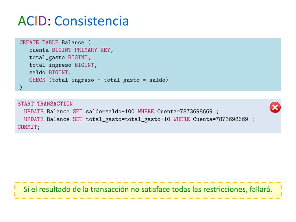 ACID: Consistencia Si el resultado de la transacción no satisface todas las restricciones, fallará.