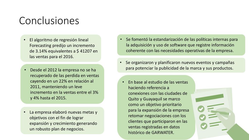 Conclusiones El algoritmo de regresión lineal Forecasting predijo un incremento de 3.14% equivalentes a $ en las ventas para el