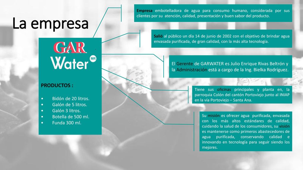 Empresa embotelladora de agua para consumo humano, considerada por sus clientes por su atención, calidad, presentación y buen sabor del producto.