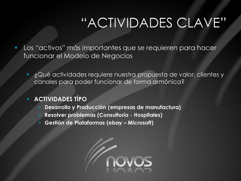 ACTIVIDADES CLAVE Los activos más importantes que se requieren para hacer funcionar el Modelo de Negocios.