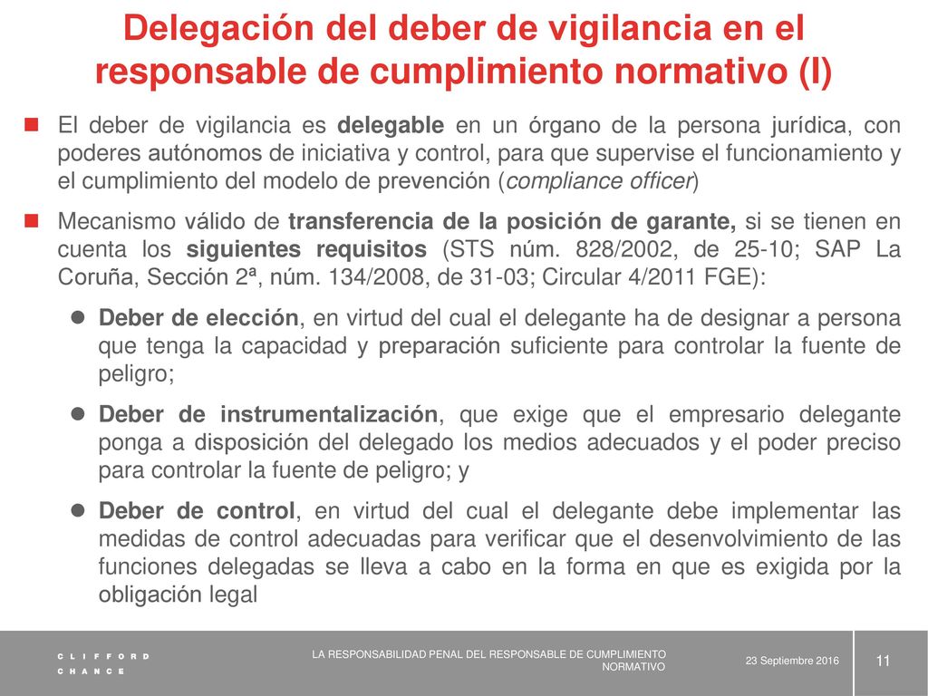 Delegación del deber de vigilancia en el responsable de cumplimiento normativo (I)