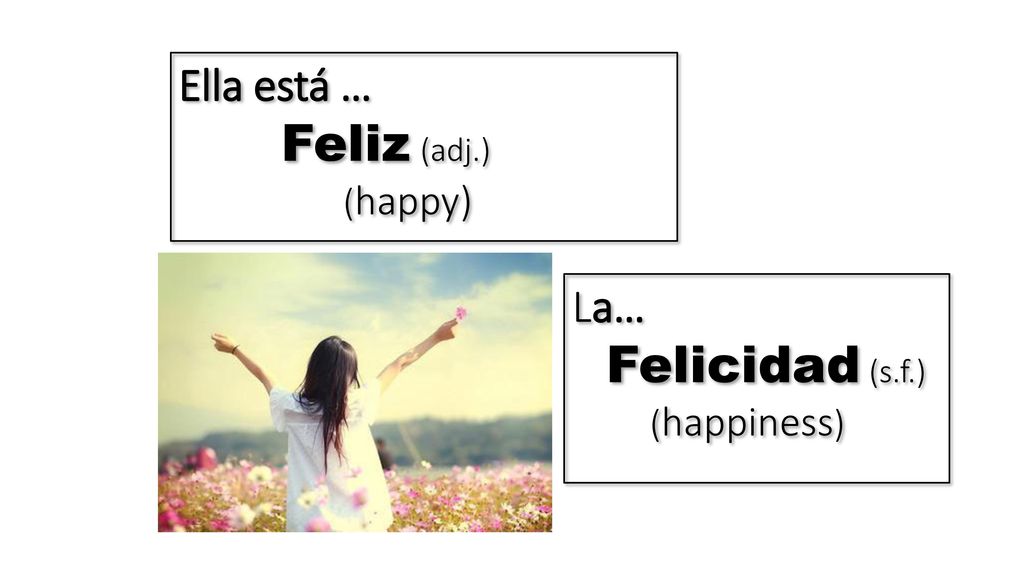 Ella está … Feliz (adj.) (happy) La… Felicidad (s.f.) (happiness)
