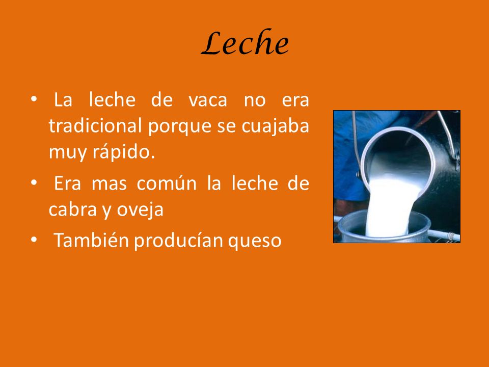 Leche La leche de vaca no era tradicional porque se cuajaba muy rápido. Era mas común la leche de cabra y oveja.
