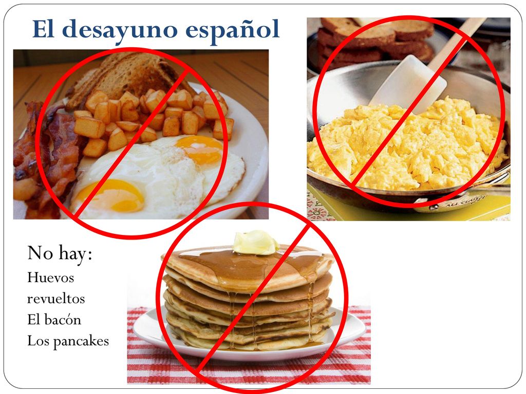 El desayuno español No hay: Huevos revueltos El bacón Los pancakes