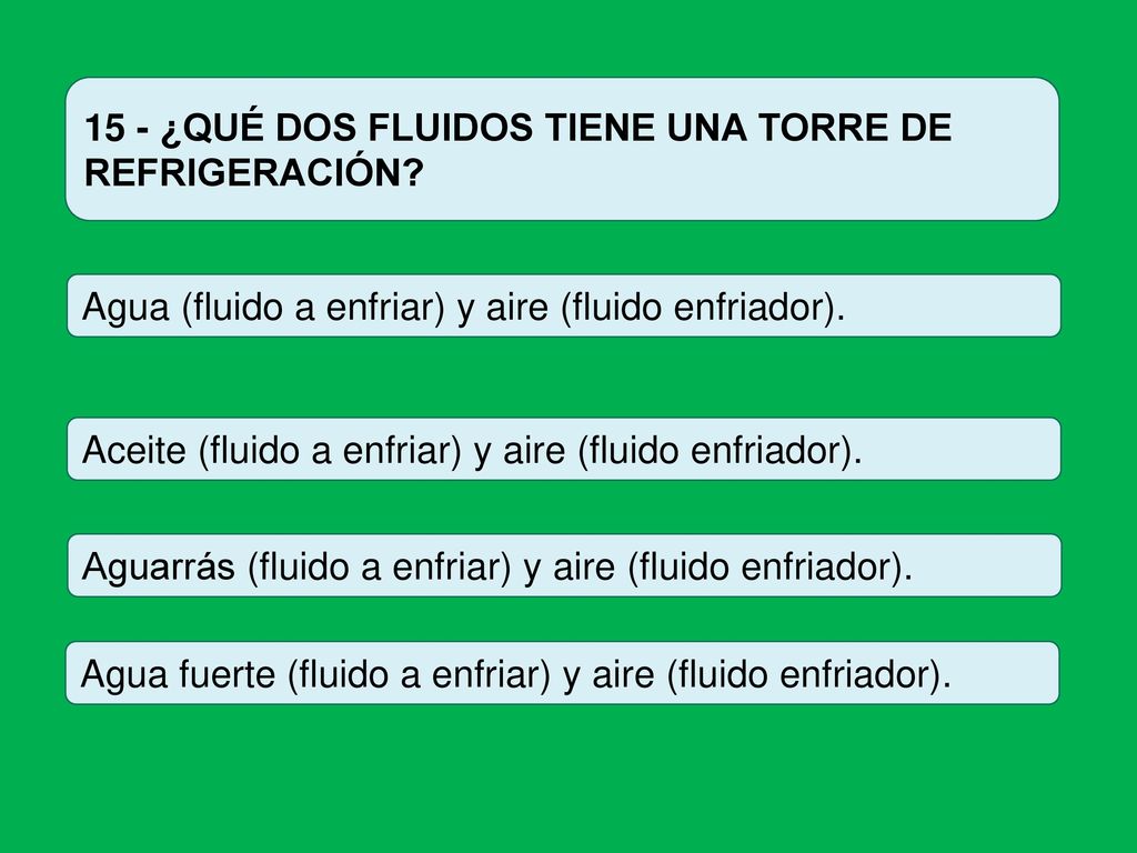 15 - ¿QUÉ DOS FLUIDOS TIENE UNA TORRE DE REFRIGERACIÓN