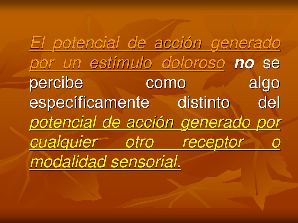 El potencial de acción generado por un estímulo doloroso no se percibe como algo específicamente distinto del potencial de acción generado por cualquier otro receptor o modalidad sensorial.