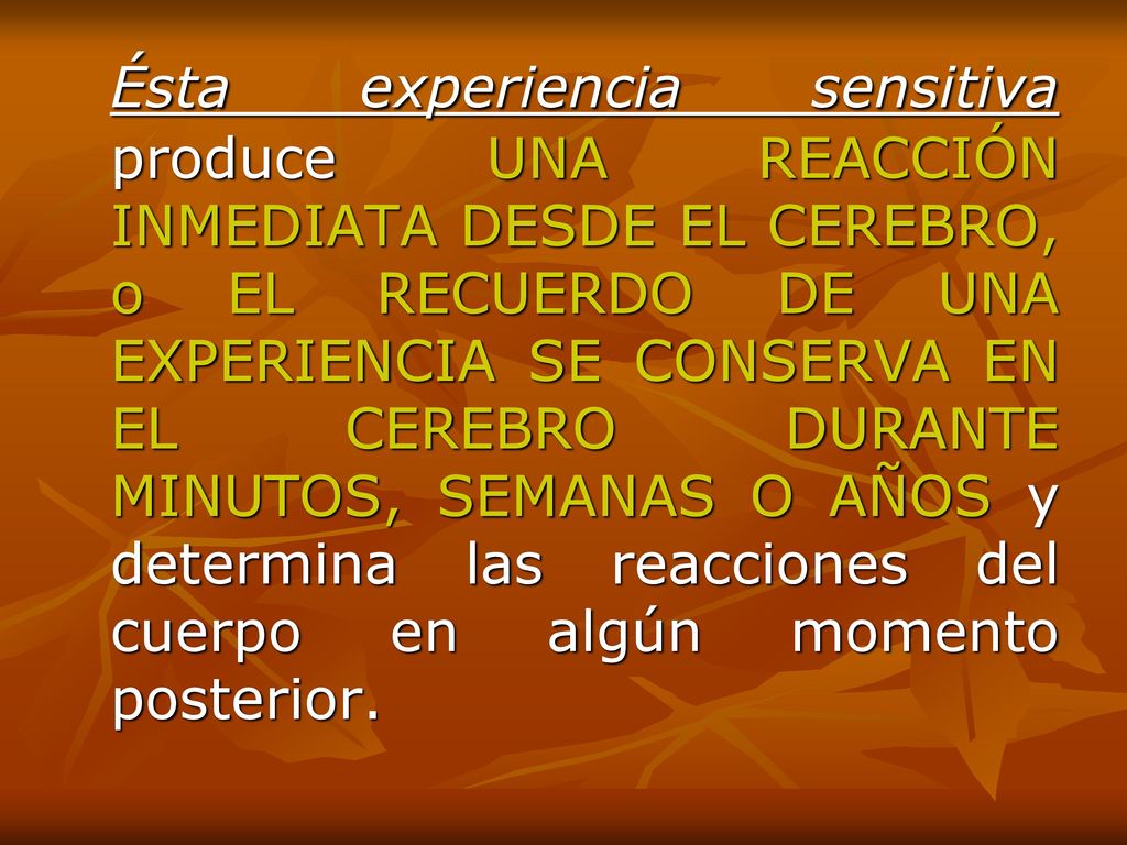 Ésta experiencia sensitiva produce UNA REACCIÓN INMEDIATA DESDE EL CEREBRO, o EL RECUERDO DE UNA EXPERIENCIA SE CONSERVA EN EL CEREBRO DURANTE MINUTOS, SEMANAS O AÑOS y determina las reacciones del cuerpo en algún momento posterior.