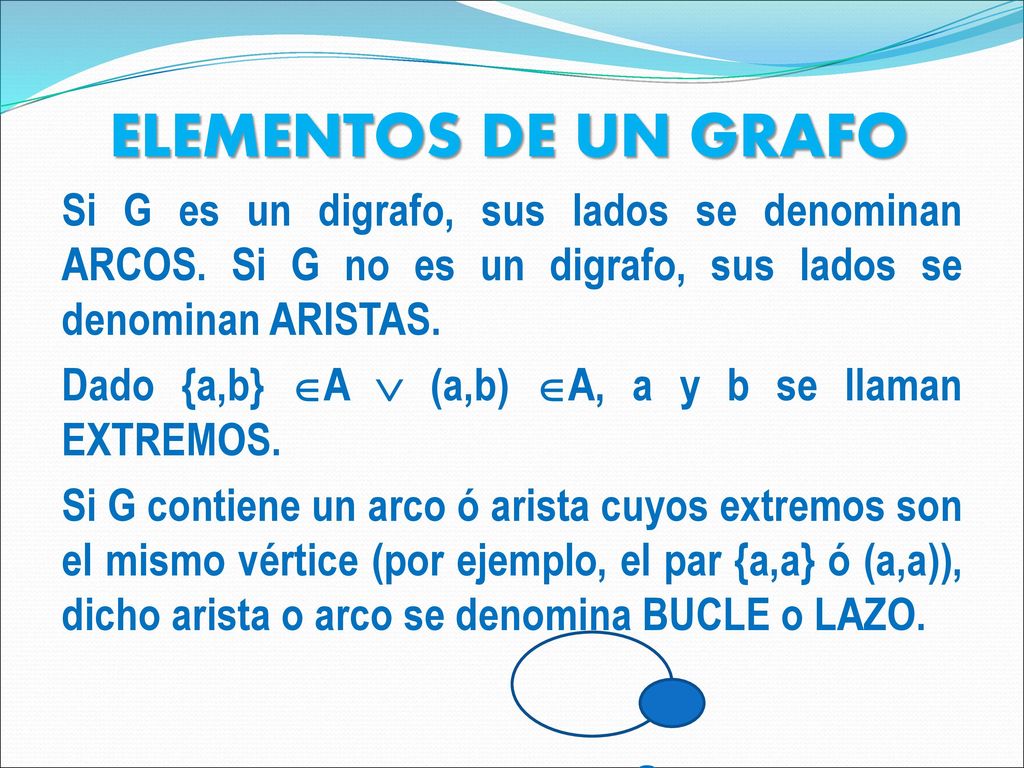 ELEMENTOS DE UN GRAFO Si G es un digrafo, sus lados se denominan ARCOS. Si G no es un digrafo, sus lados se denominan ARISTAS.