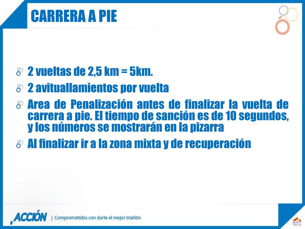 Carrera a pie 2 vueltas de 2,5 km = 5km. 2 avituallamientos por vuelta