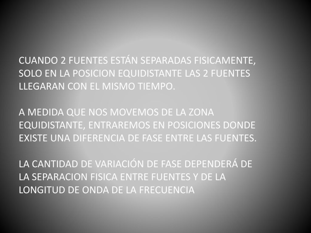 CUANDO 2 FUENTES ESTÁN SEPARADAS FISICAMENTE, SOLO EN LA POSICION EQUIDISTANTE LAS 2 FUENTES LLEGARAN CON EL MISMO TIEMPO.