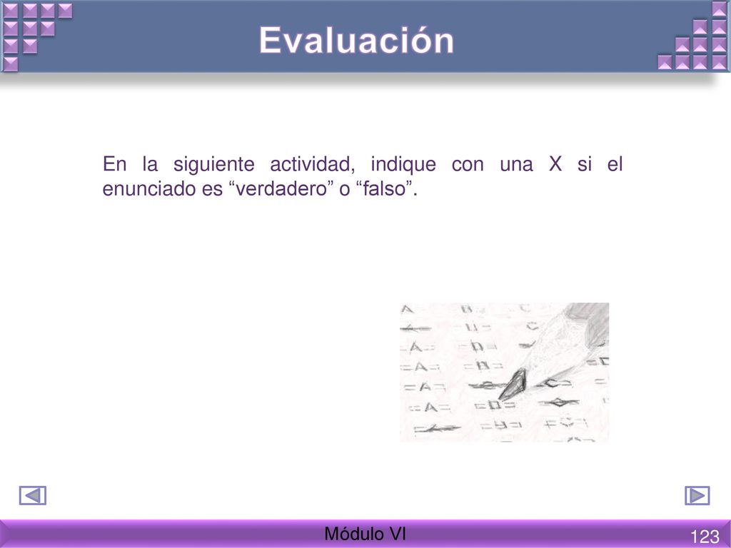 Evaluación En la siguiente actividad, indique con una X si el enunciado es verdadero o falso . Módulo VI.