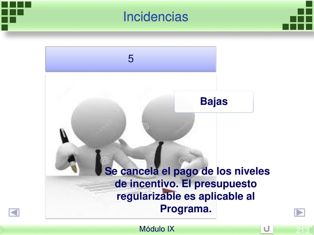 Incidencias 5. Bajas. Se cancela el pago de los niveles de incentivo. El presupuesto regularizable es aplicable al Programa.