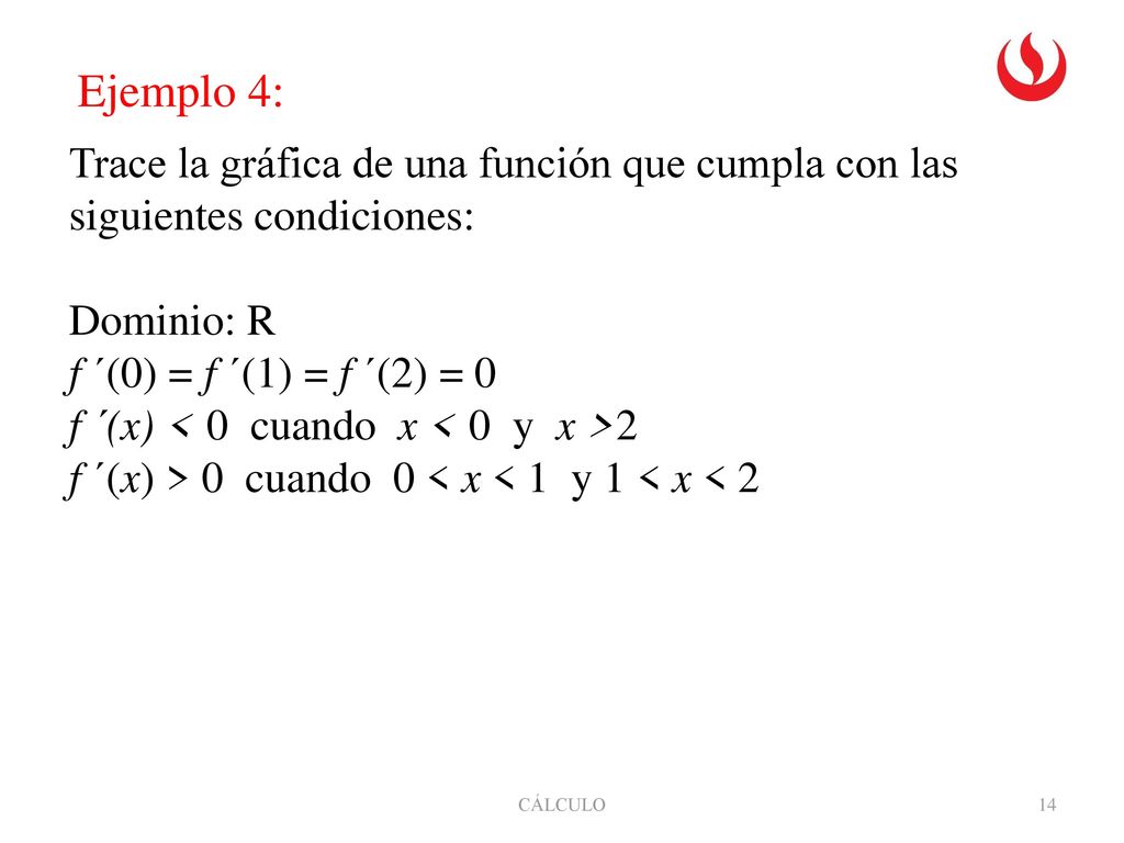 Ejemplo 4: Trace la gráfica de una función que cumpla con las siguientes condiciones: Dominio: R. f ´(0) = f ´(1) = f ´(2) = 0.