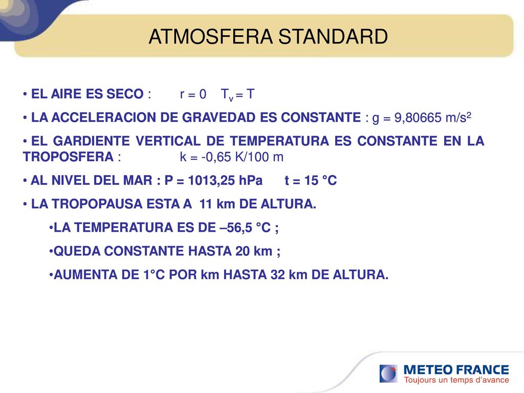 ATMOSFERA STANDARD EL AIRE ES SECO : r = 0 Tv = T